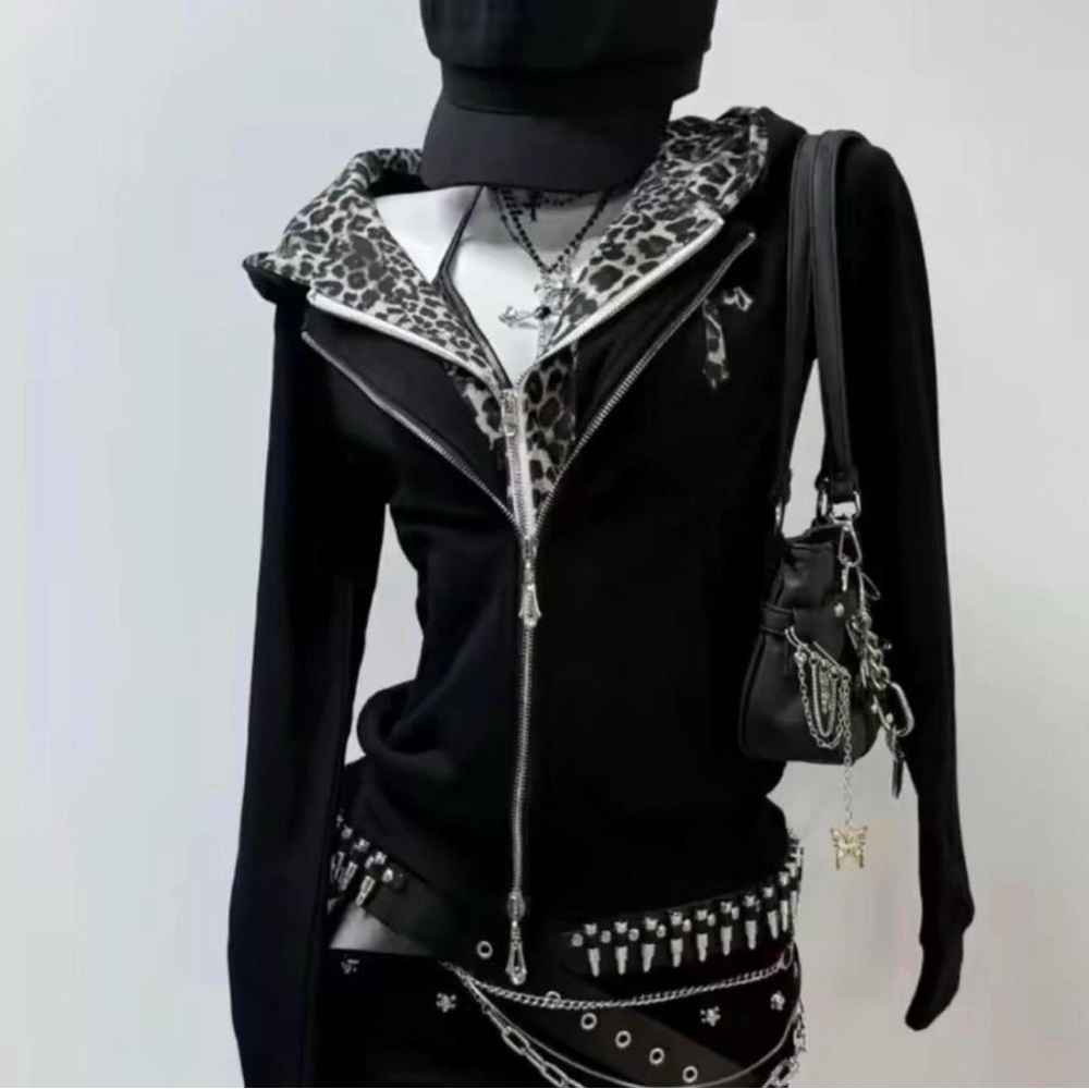Otherwild Black Hoodie with Leopard Print and Silver Details